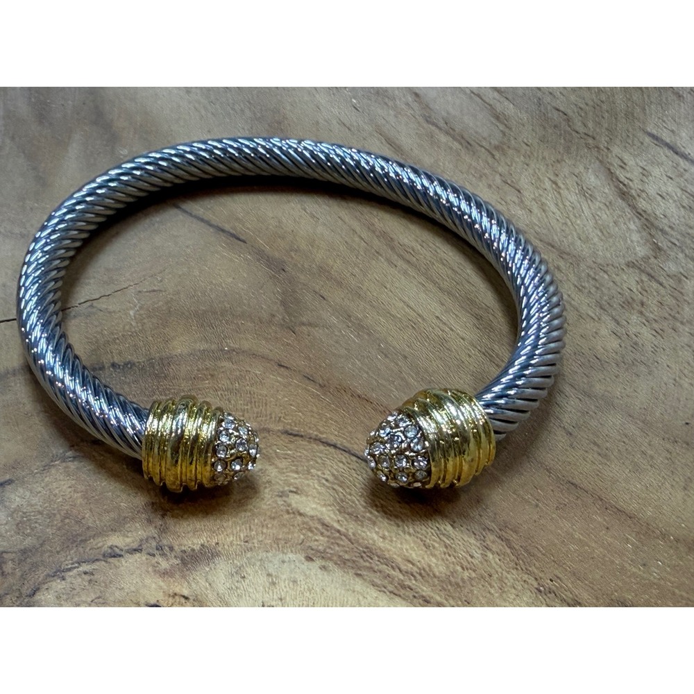 Two Tone Silver Gold Cable Cuff Bracelet Pavé Crystal Twisted Rope Bypass 6.25"